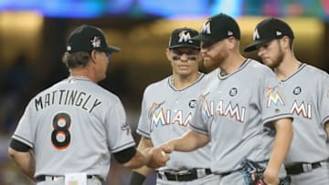 LOS ANGELES, CA - MAY 20: Starting pitcher Dan Straily #58 of the Miami Marlins hands the ball to manager Don Mattingly #8 as he is relieved in the sixth inning against the Los Angeles Dodgers at Dodger Stadium on May 20, 2017 in Los Angeles, California. (Photo by Stephen Dunn/Getty Images)
