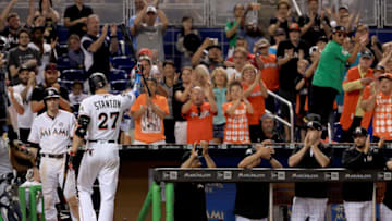 MIAMI, FL - OCTOBER 01: Giancarlo Stanton #27 of the Miami Marlins takes a curtain call during a game against the Atlanta Braves at Marlins Park on October 1, 2017 in Miami, Florida. (Photo by Mike Ehrmann/Getty Images)
