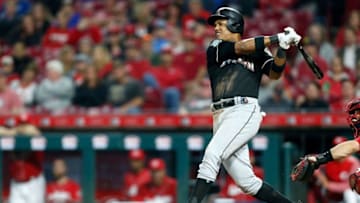 CINCINNATI, OH - MAY 5: Starlin Castro #13 of the Miami Marlins hits an RBI double during the eighth inning of the game against the Cincinnati Reds at Great American Ball Park on May 5, 2018 in Cincinnati, Ohio. Miami defeated Cincinnati 6-0. (Photo by Kirk Irwin/Getty Images)