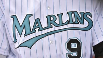 MIAMI, FL - JUNE 8: A detailed view of Lewis Brinson #9 Miami Marlins throwback jersey used during the game against the San Diego Padres at Marlins Park on June 8, 2018 in Miami, Florida. (Photo by Eric Espada/Getty Images)