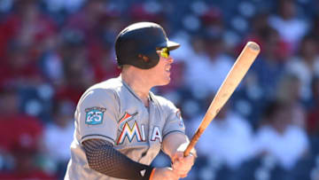 WASHINGTON, DC - JULY 08: Justin Bour #41 of the Miami Marlins doubles in two runs in the ninth inning during a baseball game against the Washington Nationals at Nationals Park on July 8, 2018 in Washington, DC. (Photo by Mitchell Layton/Getty Images)