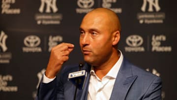 NEW YORK, NY - MAY 14: Former New York Yankees great, Derek Jeter address the media after a pregame ceremony honoring him and retiring his number 2 at Yankee Stadium on May 14, 2017 in New York City. (Photo by Rich Schultz/Getty Images)