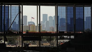 MIAMI, FL - JUNE 16: A view of Miami is seen through the open windows in the outfield of the New Marlins Ballpark during a media tour on June 16, 2011 in Miami, Florida. (Photo by Mike Ehrmann/Getty Images)
