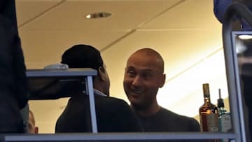 MIAMI, FL - OCTOBER 01: Derek Jeter looks on from the owners suite during a game against the Atlanta Braves at Marlins Park on October 1, 2017 in Miami, Florida. (Photo by Mike Ehrmann/Getty Images)