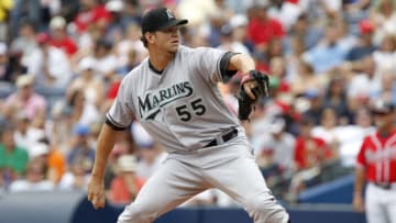 ATLANTA - AUGUST 29: Pitcher Josh Johnson #55 of the Florida Marlins throws a pitch during the game against the Atlanta Braves at Turner Field on August 29, 2010 in Atlanta, Georgia. The Braves beat the Marlins 7-6. (Photo by Mike Zarrilli/Getty Images)