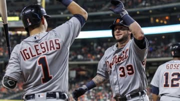 Apr 16, 2016; Houston, TX, USA; Detroit Tigers catcher Jarrod Saltalamacchia (39) celebrates with shortstop Jose Iglesias (1) after hitting a home run during the sixth inning against the Houston Astros at Minute Maid Park. Mandatory Credit: Troy Taormina-USA TODAY Sports