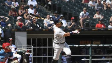 CHICAGO, ILLINOIS - JULY 04: Miguel Cabrera #24 of the Detroit Tigers hits a home run against the Chicago White Sox during the seventh inning at Guaranteed Rate Field on July 04, 2019 in Chicago, Illinois. (Photo by David Banks/Getty Images)
