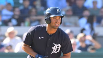 LAKELAND, FL - Riley Greene looks on during a Spring Training game. (Photo by Mark Cunningham/MLB Photos via Getty Images)