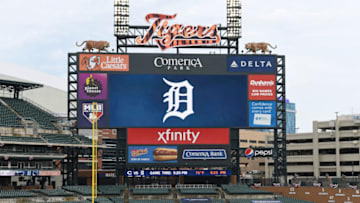 DETROIT, MI - A general view of the Comerica Park scoreboard. (Photo by Mark Cunningham/MLB Photos via Getty Images)