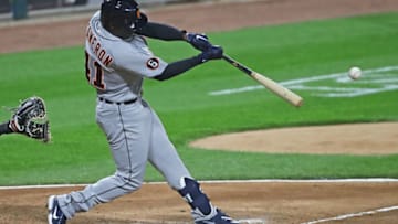 CHICAGO, ILLINOIS - Daz Cameron of the Detroit Tigers hits a three run single against the Chicago White Sox. (Photo by Jonathan Daniel/Getty Images)