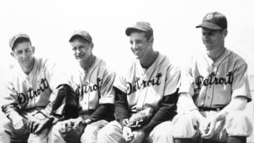 DETROIT, MI - CIRCA 1935: (L-R) Charlie Gehringer, Billy Rogell, Hank Greenberg, and Marv Owen of the Detroit Tiger infield is represented in this photo made circa 1935 in Detroit, Michigan. (Photo Reproduction by Transcendental Graphics/Getty Images)