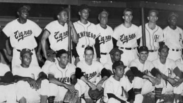 HAVANA - MARCH, 1958. The finest players in the Cuban winter league pose together at their annual All Star game in Havana in March of 1959. Camilo Pasquel is seated third from right, Tony Taylor is standing second from right, Hector Rodriguez is seated fifth from left and Minnine Minoso is seated far left. (Photo by Mark Rucker/Transcendental Graphics, Getty Images)