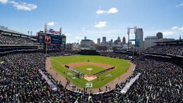 DETROIT, MI - APRIL 7: A general view of Comerica Park during the tribute to former owner Michael Ilitch during the opening day celebrations prior to that start of the game against the Boston Red Sox game on April 7, 2017 at Comerica Park in Detroit, Michigan. (Photo by Leon Halip/Getty Images)