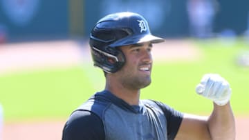 DETROIT, MI - JULY 18: Riley Greene #31 of the Detroit Tigers looks on during the Detroit Tigers Summer Workouts at Comerica Park on July 18, 2020 in Detroit, Michigan. (Photo by Mark Cunningham/MLB Photos via Getty Images)