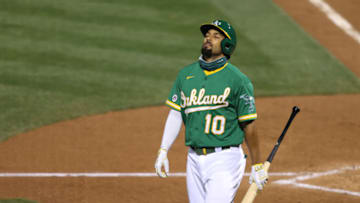 OAKLAND, CALIFORNIA - SEPTEMBER 09: Marcus Semien #10 of the Oakland Athletics walks back to the dugout after striking out against the Houston Astros in the sixth inning at RingCentral Coliseum on September 09, 2020 in Oakland, California. (Photo by Ezra Shaw/Getty Images)