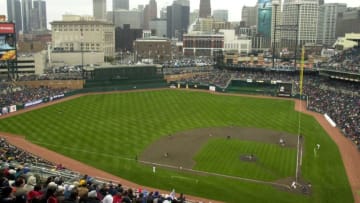 A view of the Detroit skyline from the first game at Comerica Park in April 2000. (Photo by JEFF KOWALSKY/AFP via Getty Images)