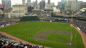 A view of the Detroit skyline from the first game at Comerica Park in April 2000. (Photo by JEFF KOWALSKY/AFP via Getty Images)