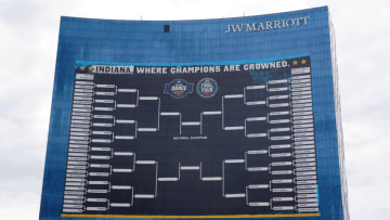 Mar 22, 2021: The 2021 Final Four March Madness playoff bracket is displayed. Kirby Lee-USA TODAY Sports