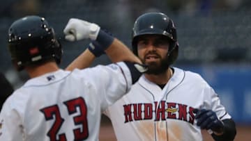 Toledo Mud Hens infielders Kody Clemens and Renato Nunez celebrate a homer Nunez against the Nashville Sounds Tuesday May 4, in Toledo, OH.Toledo Mud Hens