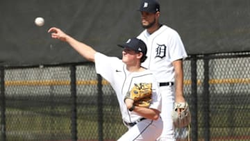 Tigers pitching prospect Reese Olson throws during the first day of minicamp on Wednesday, Feb. 16, 2022, in Lakeland, Florida.Tigers1