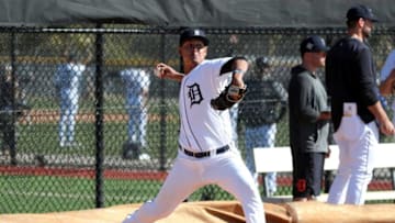 Detroit Tigers pitching prospect Keider Montero throws during spring training minor league minicamp on Monday, Feb. 21, 2022, at Tiger Town in Lakeland, Florida.Tigers5