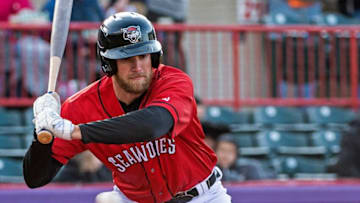 Erie Seawolves infielder Gage Workman (17) prepares to hit the ball against the Akron Rubberducks, on April 8, 2022, during the season opening game at UPMC Park in Erie. The SeaWolves won the game 2-0.