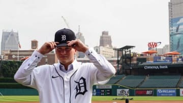 Tigers 2021 draft pick, Ty Madden, the former pitcher for Texas, poses for a photo at Comerica Park on Monday, July 19, 2021.Tigerspress 071921 Rcr15