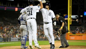Sep 2, 2022; Detroit, Michigan, USA; Detroit Tigers shortstop Javier Baez (28) (right) celebrates with center fielder Riley Greene (31) after hitting a two-run home run against the Kansas City Royals in the fifth inning at Comerica Park. Mandatory Credit: Lon Horwedel-USA TODAY Sports