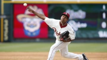 May 17, 2015; Frisco, Tx, USA; Frisco RoughRiders pitcher Jose Leclerc (17) throws a pitch in the game against the Corpus Christi Hooks at Dr. Pepper Ballpark. Mandatory Credit: Tim Heitman-USA TODAY Sports