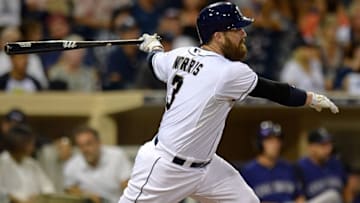 Sep 9, 2015; San Diego, CA, USA; San Diego Padres catcher Derek Norris (3) doubles during the third inning against the Colorado Rockies at Petco Park. Mandatory Credit: Jake Roth-USA TODAY Sports