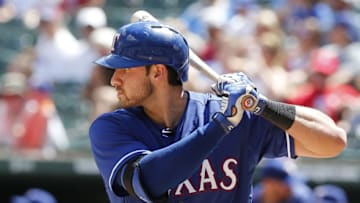 Jun 25, 2015; Arlington, TX, USA; Texas Rangers outfielder Joey Gallo (13) at bat against the Oakland Athletics at Globe Life Park in Arlington. Mandatory Credit: Matthew Emmons-USA TODAY Sports