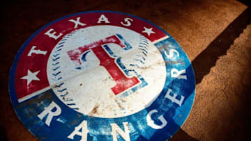 Sep 5, 2014; Arlington, TX, USA; A view of the Texas Rangers logo before the game between the Rangers and the Seattle Mariners at Globe Life Park in Arlington. Mandatory Credit: Jerome Miron-USA TODAY Sports