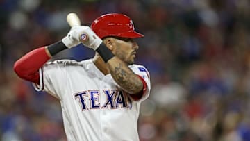 Apr 21, 2016; Arlington, TX, USA; Texas Rangers left fielder Ian Desmond (20) bats during the game against the Houston Astros at Globe Life Park in Arlington. Mandatory Credit: Kevin Jairaj-USA TODAY Sports