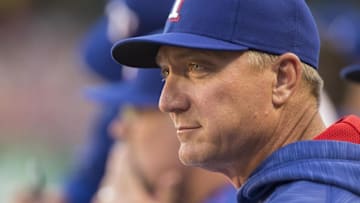 Apr 5, 2016; Arlington, TX, USA; Texas Rangers manager Jeff Banister (28) watches his team take on the Seattle Mariners during the first inning at Globe Life Park in Arlington. Mandatory Credit: Jerome Miron-USA TODAY Sports
