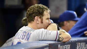 Oct 14, 2015; Toronto, Ontario, CAN; Texas Rangers left fielder Josh Hamilton reacts from the dugout against the Toronto Blue Jays in game five of the ALDS at Rogers Centre. Mandatory Credit: Peter Llewellyn-USA TODAY Sports