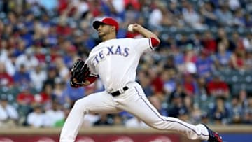 Apr 27, 2016; Arlington, TX, USA; Texas Rangers starting pitcher Martin Perez (33) throws during the first inning against the New York Yankees at Globe Life Park in Arlington. Mandatory Credit: Kevin Jairaj-USA TODAY Sports