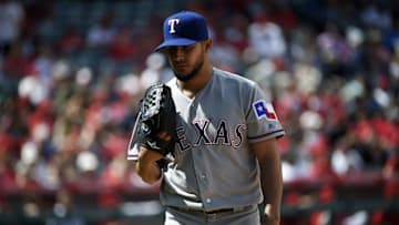 Apr 10, 2016; Anaheim, CA, USA; Texas Rangers pitcher Martin Perez (33) walks to the dugout after being taken out during the seventh inning against the Los Angeles Angels at Angel Stadium of Anaheim. Mandatory Credit: Kelvin Kuo-USA TODAY Sports