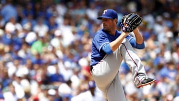 Jul 17, 2016; Chicago, IL, USA; Texas Rangers starting pitcher Cole Hamels (35) delivers a pitch during the first inning against the Chicago Cubs at Wrigley Field. Mandatory Credit: Caylor Arnold-USA TODAY Sports