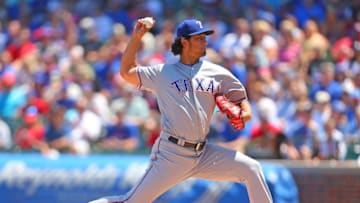 Jul 16, 2016; Chicago, IL, USA; Texas Rangers starting pitcher Yu Darvish (11) delivers a pitch during the first inning against the Chicago Cubs at Wrigley Field. Mandatory Credit: Dennis Wierzbicki-USA TODAY Sports