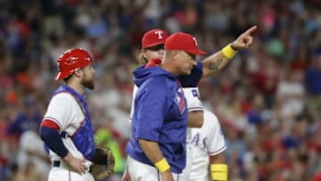Sep 2, 2016; Arlington, TX, USA; Texas Rangers manager Jeff Banister (280 points to the bullpen for a pitching change in the sixth inning at Globe Life Park in Arlington. Mandatory Credit: Sean Pokorny-USA TODAY Sports