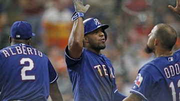 Sep 13, 2016; Houston, TX, USA; Texas Rangers shortstop Elvis Andrus (1) celebrates his run against the Houston Astros in the ninth inning at Minute Maid Park. Texas won 3 to 2 . Mandatory Credit: Thomas B. Shea-USA TODAY Sports