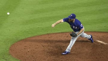 Sep 12, 2016; Houston, TX, USA; Texas Rangers relief pitcher Sam Dyson (47) pitches during the game against the Houston Astros at Minute Maid Park. Mandatory Credit: Troy Taormina-USA TODAY Sports