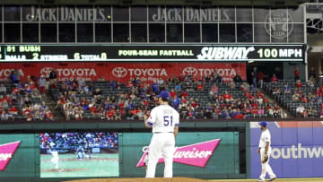 Sep 27, 2016; Arlington, TX, USA; Texas Rangers relief pitcher Matt Bush (51) on the field after throwing a 100 mph fastball in the ninth inning against the Milwaukee Brewers at Globe Life Park in Arlington. Texas won 6-4. Mandatory Credit: Tim Heitman-USA TODAY Sports