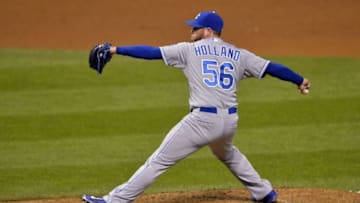 Sep 17, 2015; Cleveland, OH, USA; Kansas City Royals relief pitcher Greg Holland (56) delivers in the ninth inning against the Cleveland Indians at Progressive Field. Mandatory Credit: David Richard-USA TODAY Sports