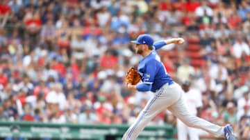 BOSTON, MA - JULY 14: Chris Rowley #47 of the Toronto Blue Jays pitches in the bottom of the of the tenth inning of the game against the Boston Red Sox at Fenway Park on July 14, 2018 in Boston, Massachusetts. (Photo by Omar Rawlings/Getty Images)