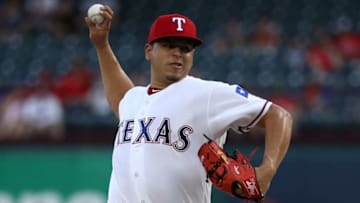 ARLINGTON, TX - AUGUST 16: Ariel Jurado #57 of the Texas Rangers throws against the Los Angeles Angels in the first inning at Globe Life Park in Arlington on August 16, 2018 in Arlington, Texas. (Photo by Ronald Martinez/Getty Images)