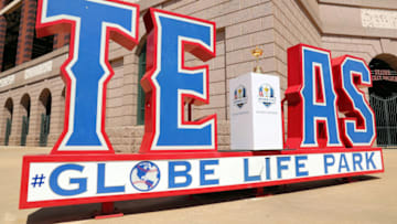 ARLINGTON, TX - AUGUST 31: The 2018 Ryder Cup Trophy Tour makes a stop at Globe Life Park in Arlington before the game between the Minnesota Twins and the Texas Rangers on August 31, 2018 in Arlington, Texas. (Photo by Richard Rodriguez/Getty Images)