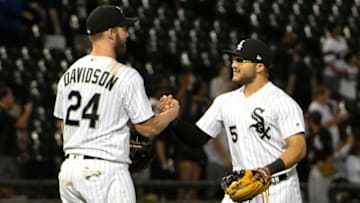 CHICAGO, IL - AUGUST 31: Matt Davidson #24 of the Chicago White Sox and Yolmer Sanchez #5 celebrate their win against the Boston Red Sox on August 31, 2018 at Guaranteed Rate Field in Chicago, Illinois.The White Sox won 6-1. (Photo by David Banks/Getty Images)