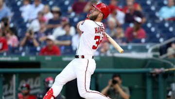 WASHINGTON, DC - SEPTEMBER 26: Bryce Harper #34 of the Washington Nationals bats against the Miami Marlins in the first inning at Nationals Park on September 26, 2018 in Washington, DC. (Photo by Rob Carr/Getty Images)
