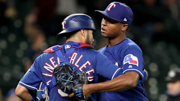SEATTLE, WA - SEPTEMBER 27: Isiah Kiner-Falefa #9 (L) and Jose Leclerc #62 of the Texas Rangers celebrate after defeating the Seattle Mariners 2-0 during their game at Safeco Field on September 27, 2018 in Seattle, Washington. (Photo by Abbie Parr/Getty Images)